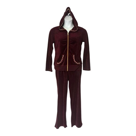 Monroe & Main Velour Tracksuit Burgundy Chain Trim Zipper Jacket Active Pant Set - Picture 2 of 16